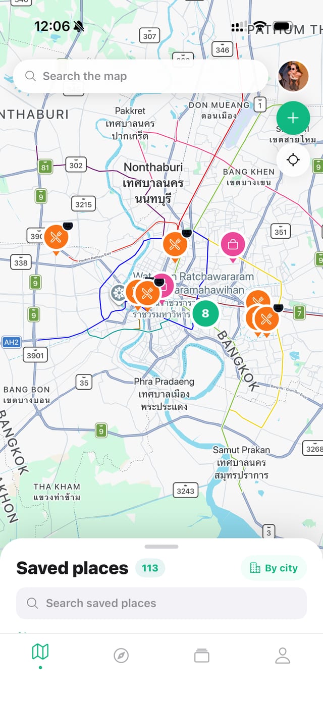 GoList map of Bangkok with saved restaurants and shops pinned
